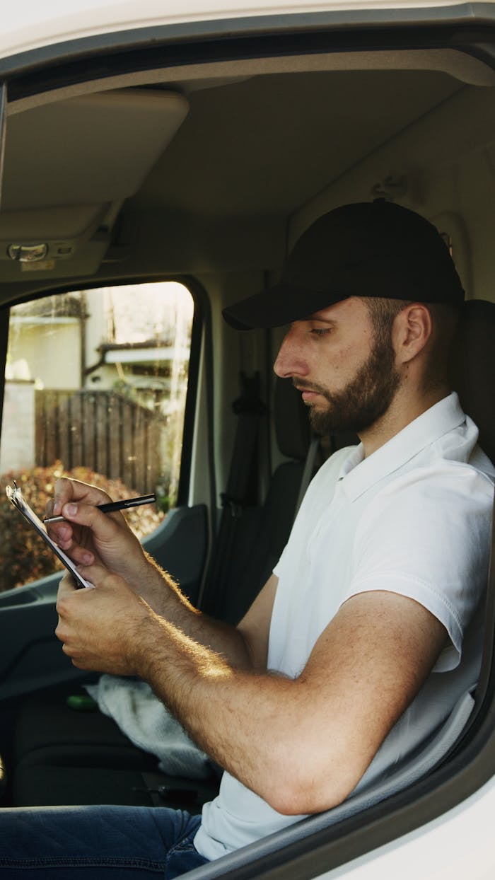 A delivery driver sits in a van, writing on a clipboard, capturing essential details. Daytime.
